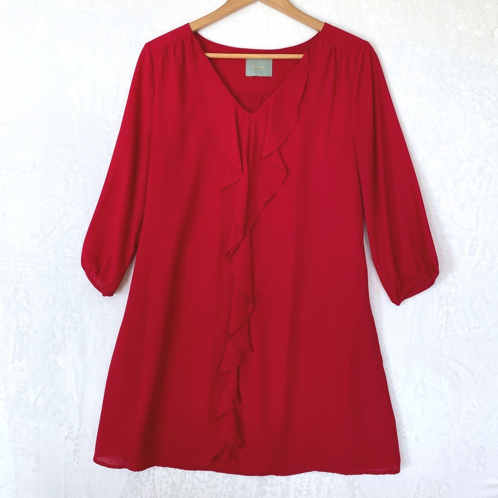 Skies Are Blue Red Ruffle V Neck 3/4 Sleeve Shift Dress Style 92089DL